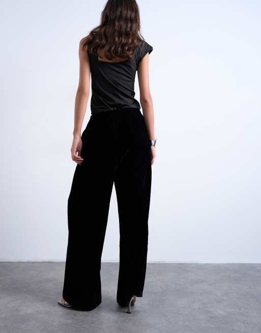 Topshop - Sorte joggingbukser i velour med brede ben og mellemhøj talje med bindebånd, 5 af 5