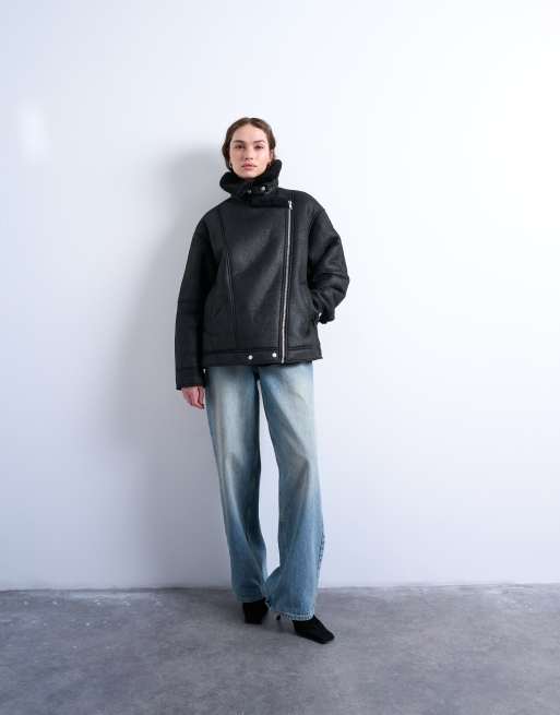 Topshop - Sorte og oversized aviator-jakke i imiteret rulam