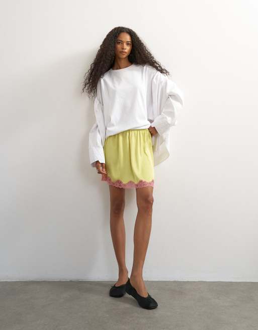 Topshop - Sottogonna in raso e pizzo lime, 3 di 5