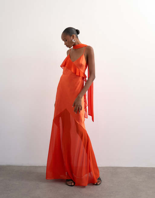 Topshop - Sottoveste lunga in tessuto misto color ruggine con volant
