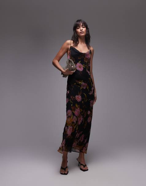 Topshop - Sottoveste midi con scollo ad anello attorcigliato sul retro rosa e lime a fiori - view 1
