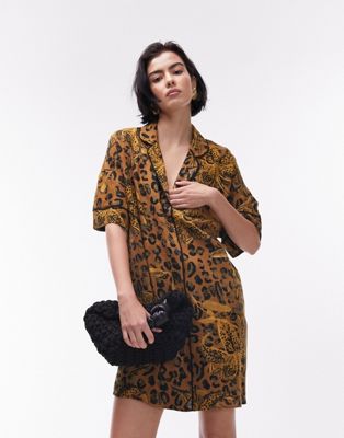 Topshop Souvenir Mini Shirt Dress In Animal Print-brown