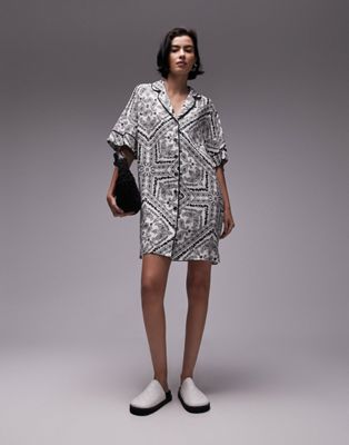 Topshop Souvenir Mini Shirt Dress In Mono Bandana Print-multi