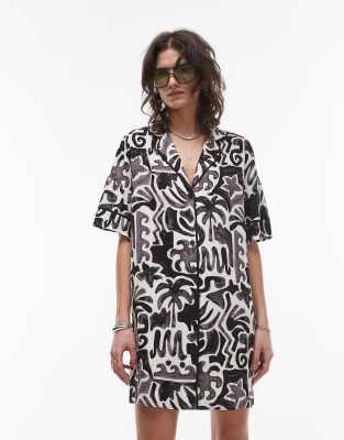 Topshop - Souvenir - Robe chemise courte à imprimé - Noir/blanc-Multicolore