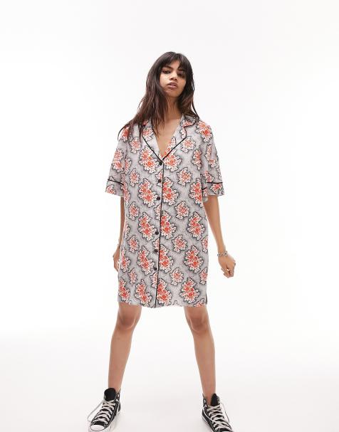 Topshop souvenir shirt dress in red and black floral - view 1
