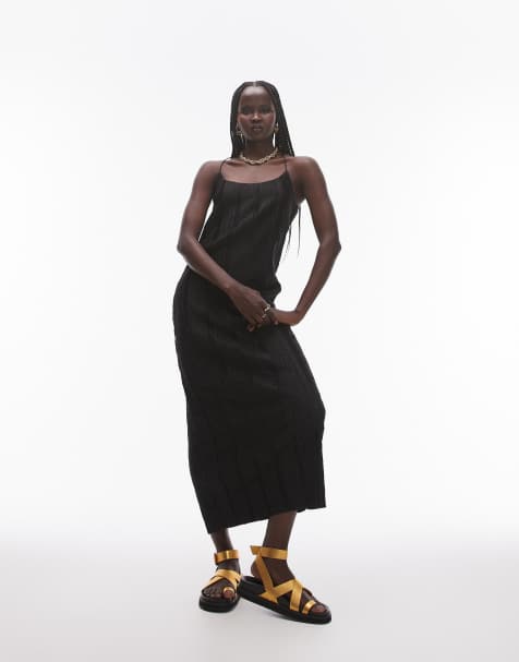 Topshop spaghetti strap crinkle plisse midaxi dress in black - view 1