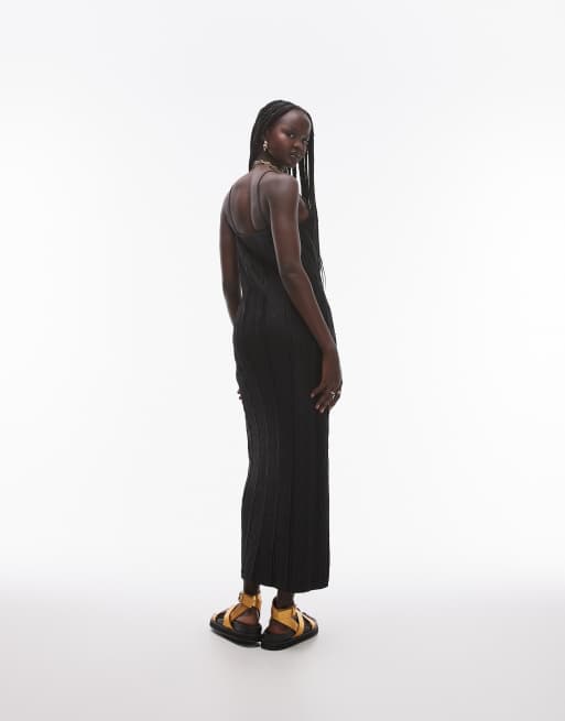 Topshop spaghetti strap crinkle plisse midaxi dress in black, 2 of 4
