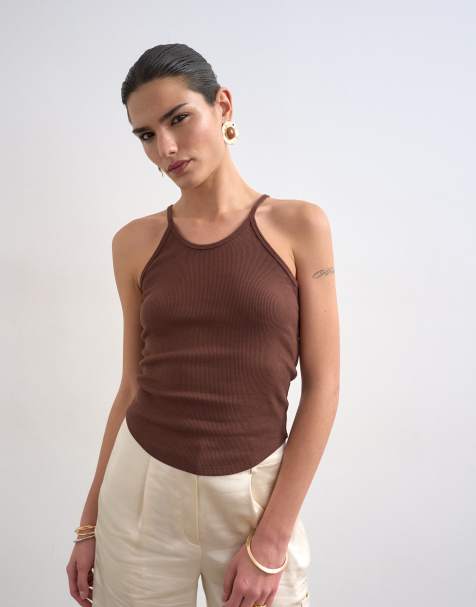 Topshop spaghetti strap curved hem ribbed tank top in chocolate - view 1