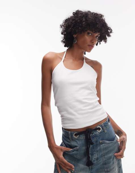 Topshop spaghetti strap halter neck top in white - view 1