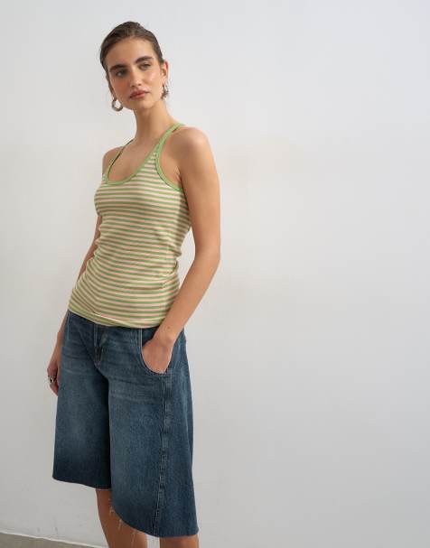 Topshop spaghetti strap scoop neck racer back tank top in pink and green stripes - view 1