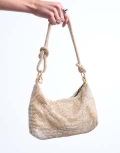 Model wearing Sparkles diamante shoulder bag in gold