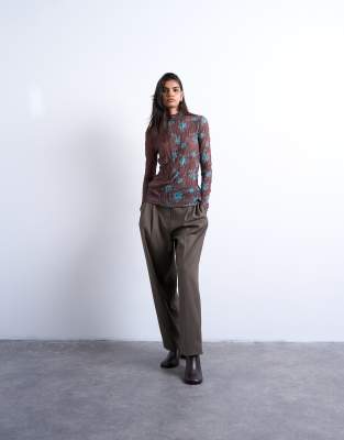 Topshop Spliced Crinkle Mesh Long Sleeve Top In Multi