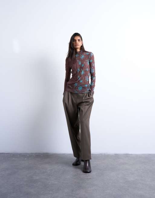 Topshop spliced crinkle mesh long sleeve top in brown and