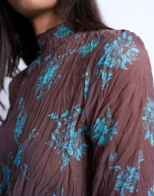 Topshop spliced crinkle mesh long sleeve top in brown and turquoise, 3 of 4
