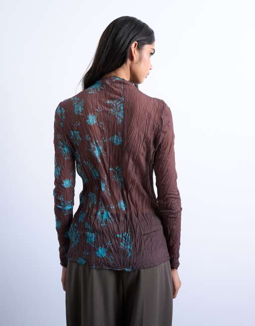 Topshop spliced crinkle mesh long sleeve top in brown and turquoise, 4 of 4