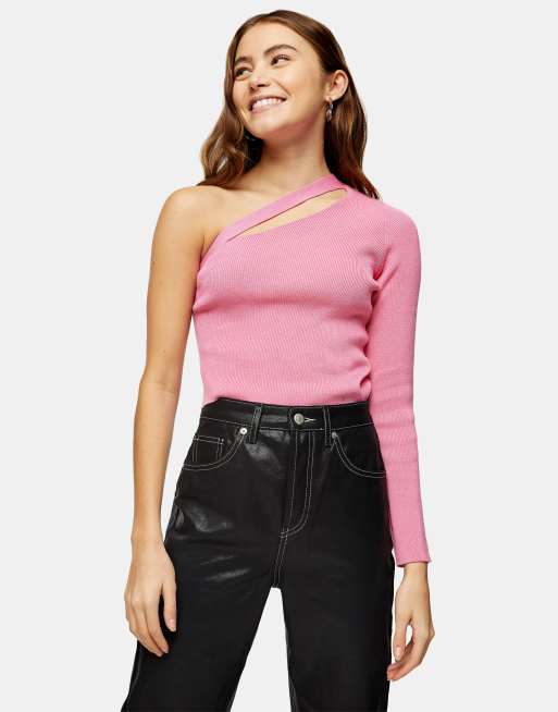 Topshop spliced one shoulder sweater in pink ASOS