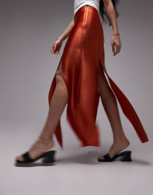 Topshop Button Split Midi Skirt In Dark Red In Brown