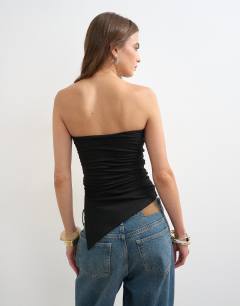 Model wearing Split side ruched asymmetric bandeau in black