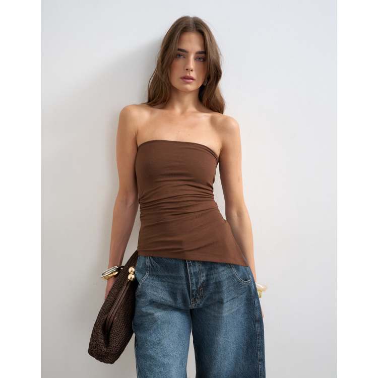 Topshop split side ruched asymmetric bandeau in chocolate | ASOS