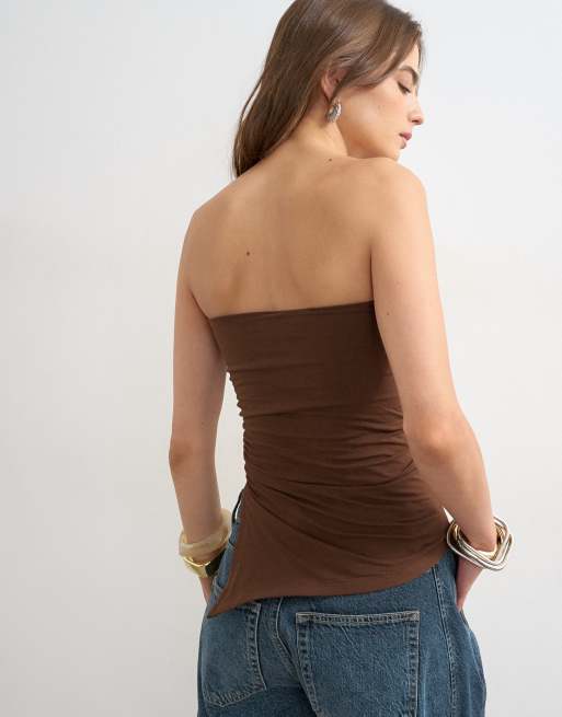 Topshop split side ruched asymmetric bandeau in chocolate, 3 of 4