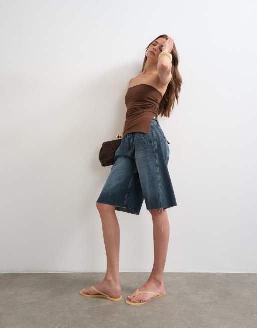 Topshop split side ruched asymmetric bandeau in chocolate, 4 of 4