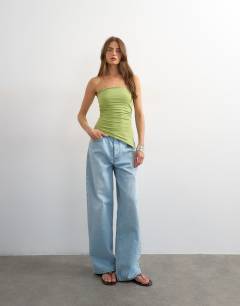 Model wearing Split side ruched asymmetric bandeau in green