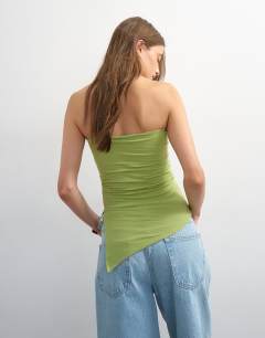 Model wearing Split side ruched asymmetric bandeau in green