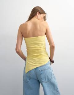 Model wearing Split side ruched asymmetric bandeau in yellow