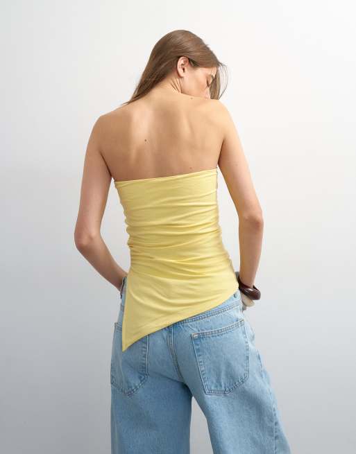 Topshop split side ruched asymmetric bandeau in yellow, 4 of 4