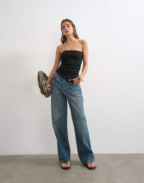 Topshop split side ruched asymmetric bandeau top in black - view 1