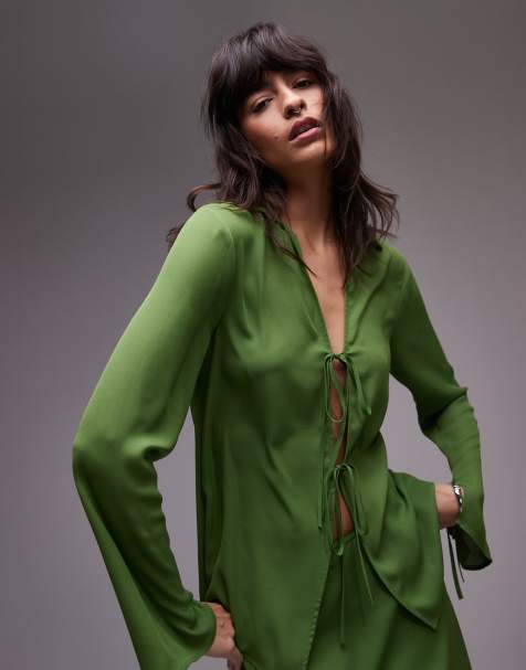 Topshop split sleeve collar crepe top in olive green - view 1