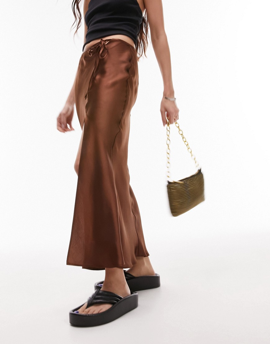 Topshop split tie bias midi skirt in chocolate-Brown