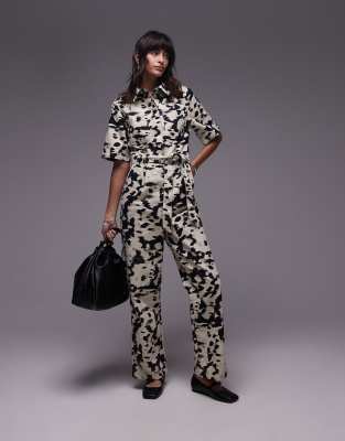 splodge print short sleeve jumpsuit in mono-Multi