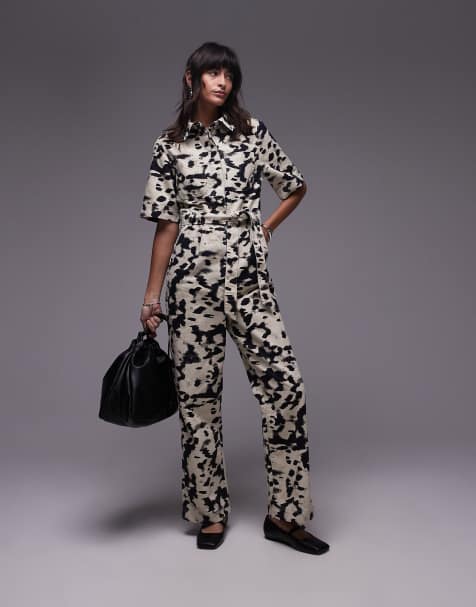 Topshop splodge print short sleeve jumpsuit in mono - view 1