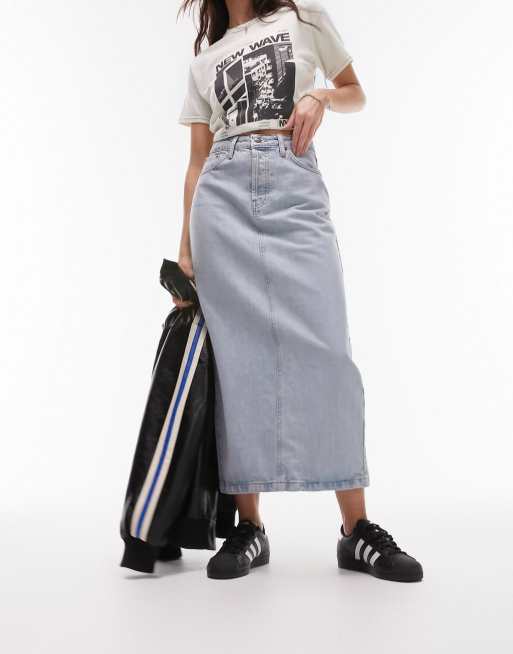 Topshop – Spódnica jeansowa midi z efektem wybielenia