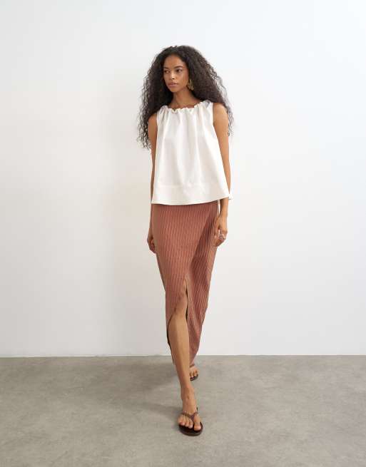 Topshop spódnica maxi kopertowa w rdzawym pasku, 4 z 5