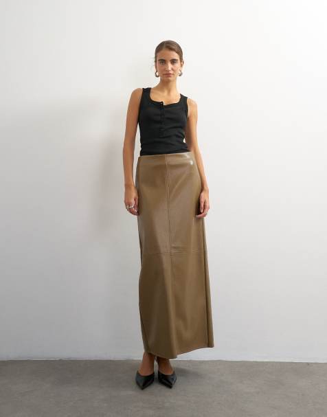 Topshop spódnica maxi o kroju kolumnowym z imitacji skóry strusia z ozdobnym przeszyciem, jasnobrązowa - view 1