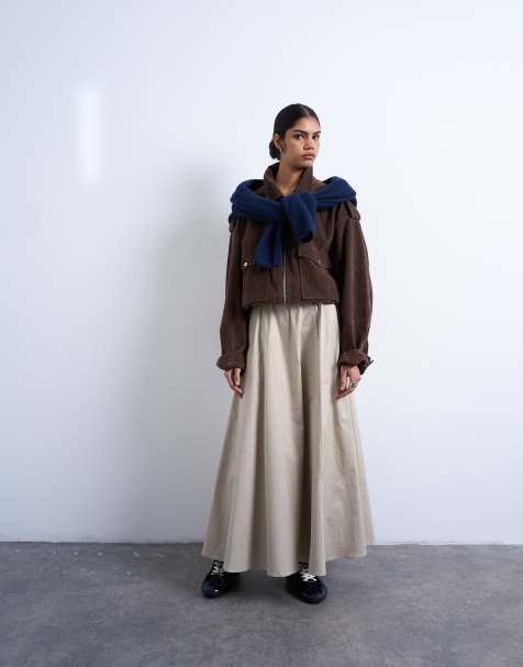 Topshop – Spódnica midi z koła z grubego diagonalu w kolorze taupe - view 1