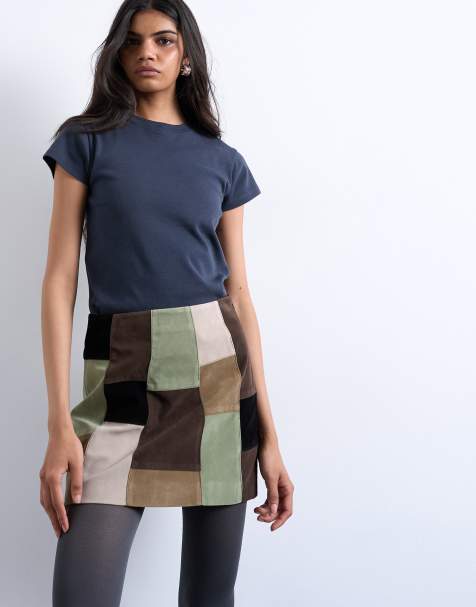 Topshop faux suede patchwork mini skirt in multi