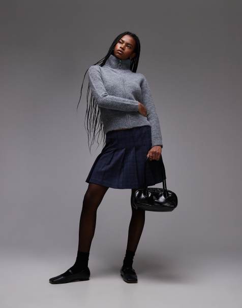 Topshop low rise pleat mini skirt in check print