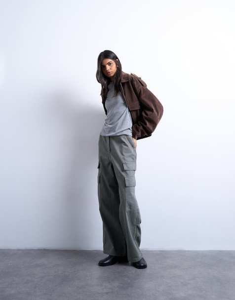 Topshop mid rise cargo trousers in khaki