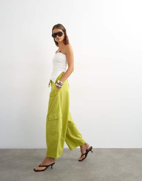 Topshop spodnie cargo z wiązaniem w talii w limonkowej zieleni - view 1