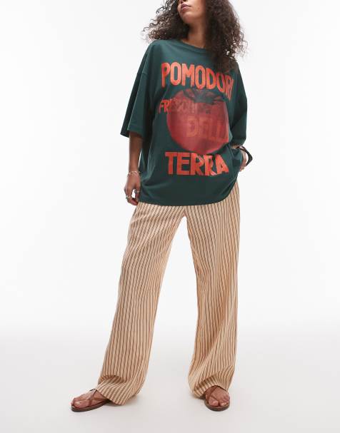 Topshop linen straight leg trouser in neutral stripe