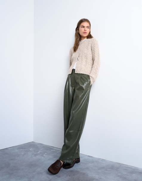 Topshop faux leather high waist pleated straight leg trouser  in khaki