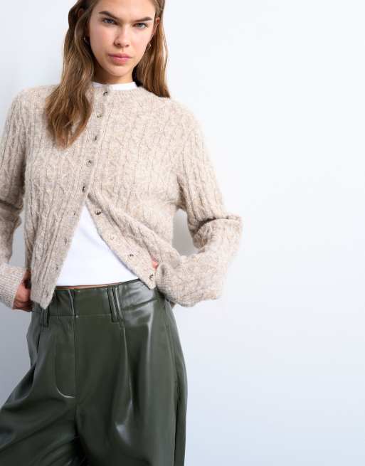 Topshop – Spodnie z imitacji skóry z wysokim stanem i prostymi nogawkami z zakładkami w kolorze khaki, 4 z 5