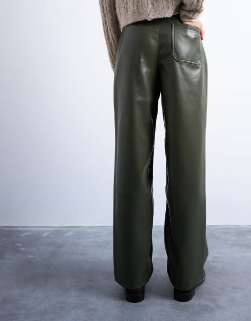 Topshop – Spodnie z imitacji skóry z wysokim stanem i prostymi nogawkami z zakładkami w kolorze khaki, 5 z 5