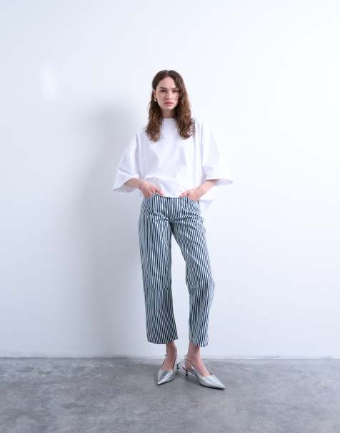 Topshop stripe cropped mid rise straight leg trouser in blue