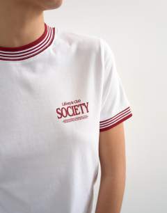 Model wearing Sport society graphic tee with tipping in white 