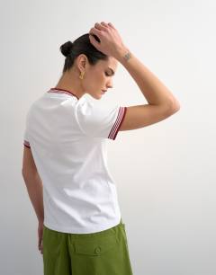 Model wearing Sport society graphic tee with tipping in white 