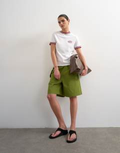 Model wearing Sport society graphic tee with tipping in white 